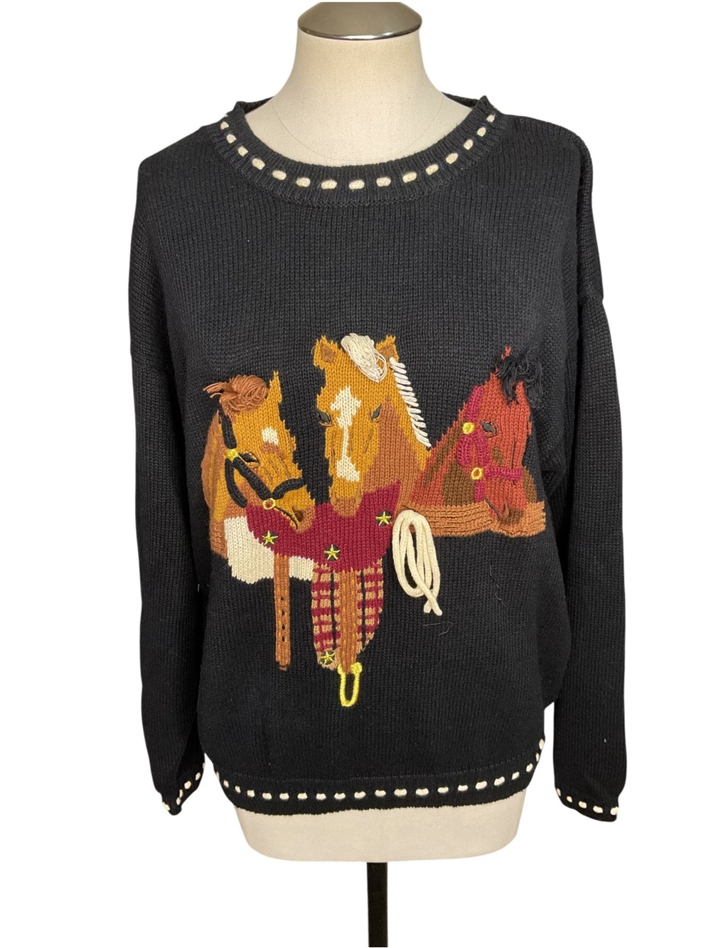 Vintage 80s PBJ Sport Horse Sweater L Black 3D Equestrian Western Ramie Cotton - Picture 2 of 6